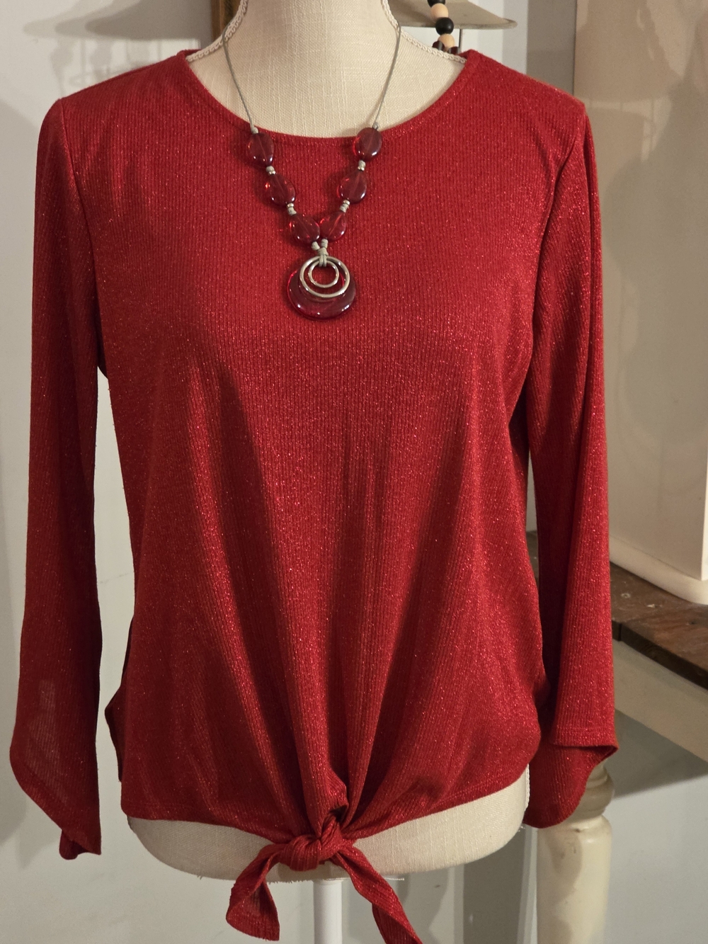 Kim Rogers Shimmery Red Long Sleeve Knit Top with Front Tie